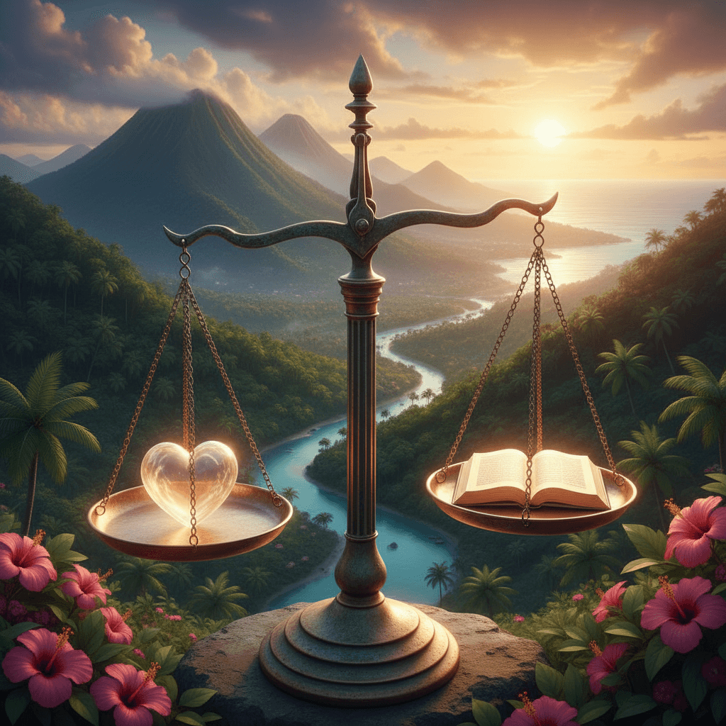 Scales of justice with Dominica landscape