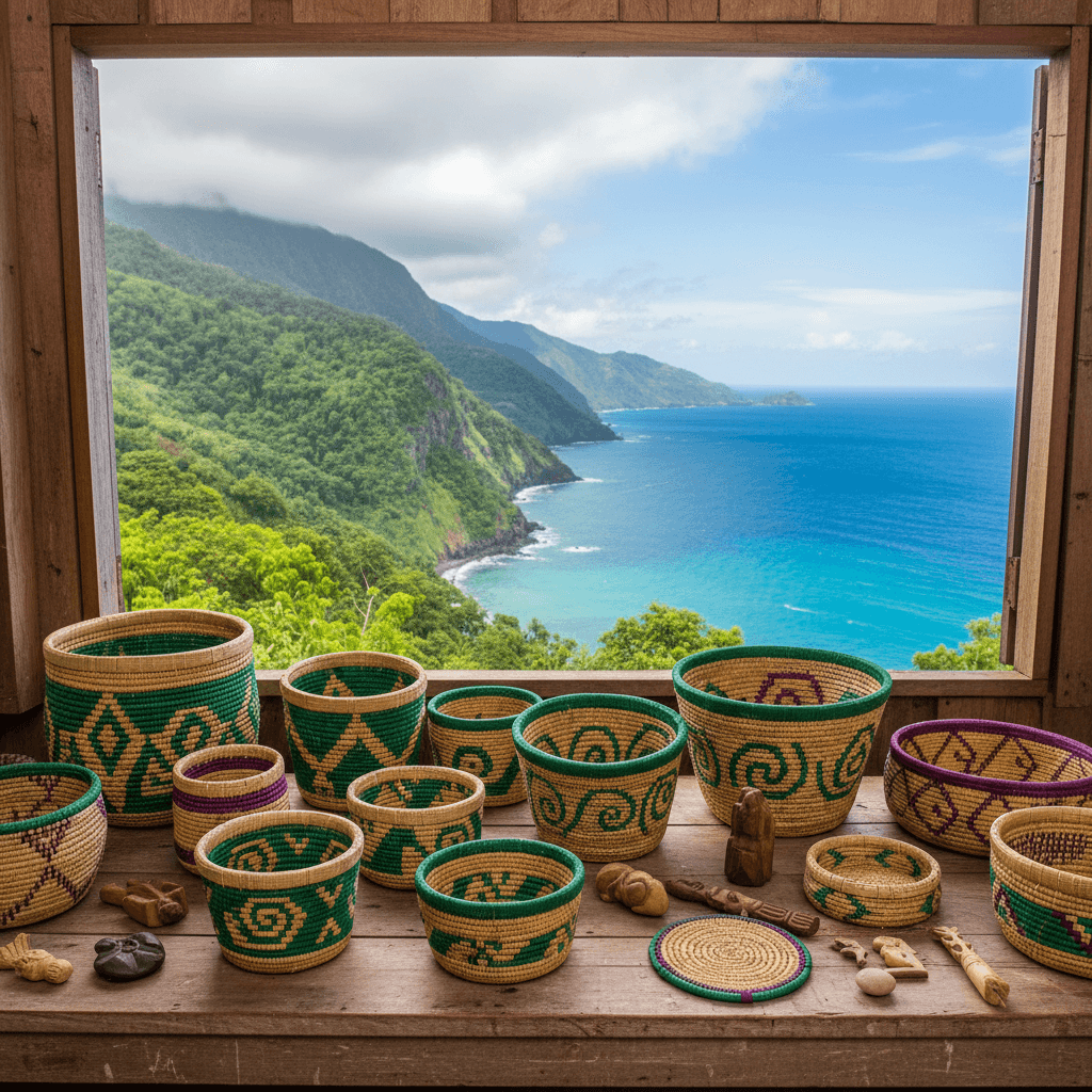 Traditional Kalinago woven baskets with Dominica coastline visible in background