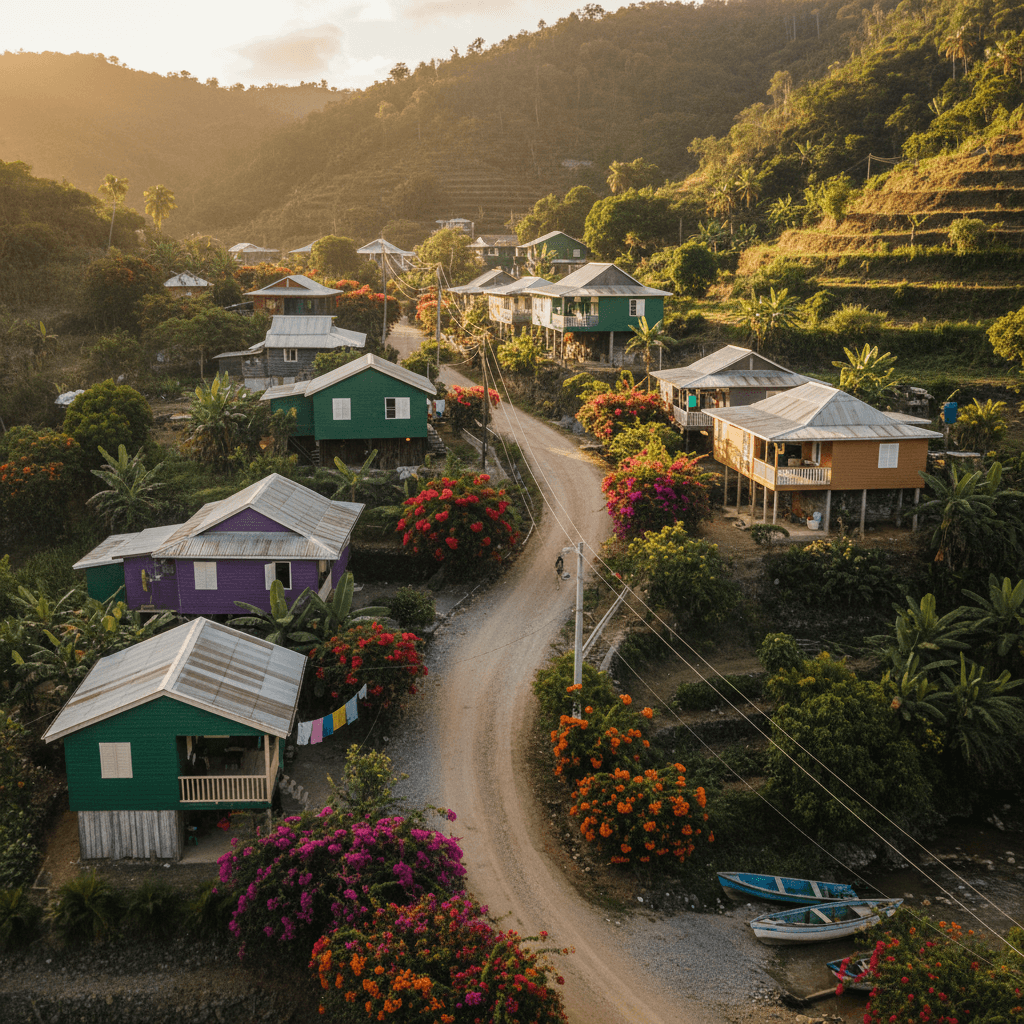Colorful Caribbean village with brightly painted houses nestled against lush green hillside