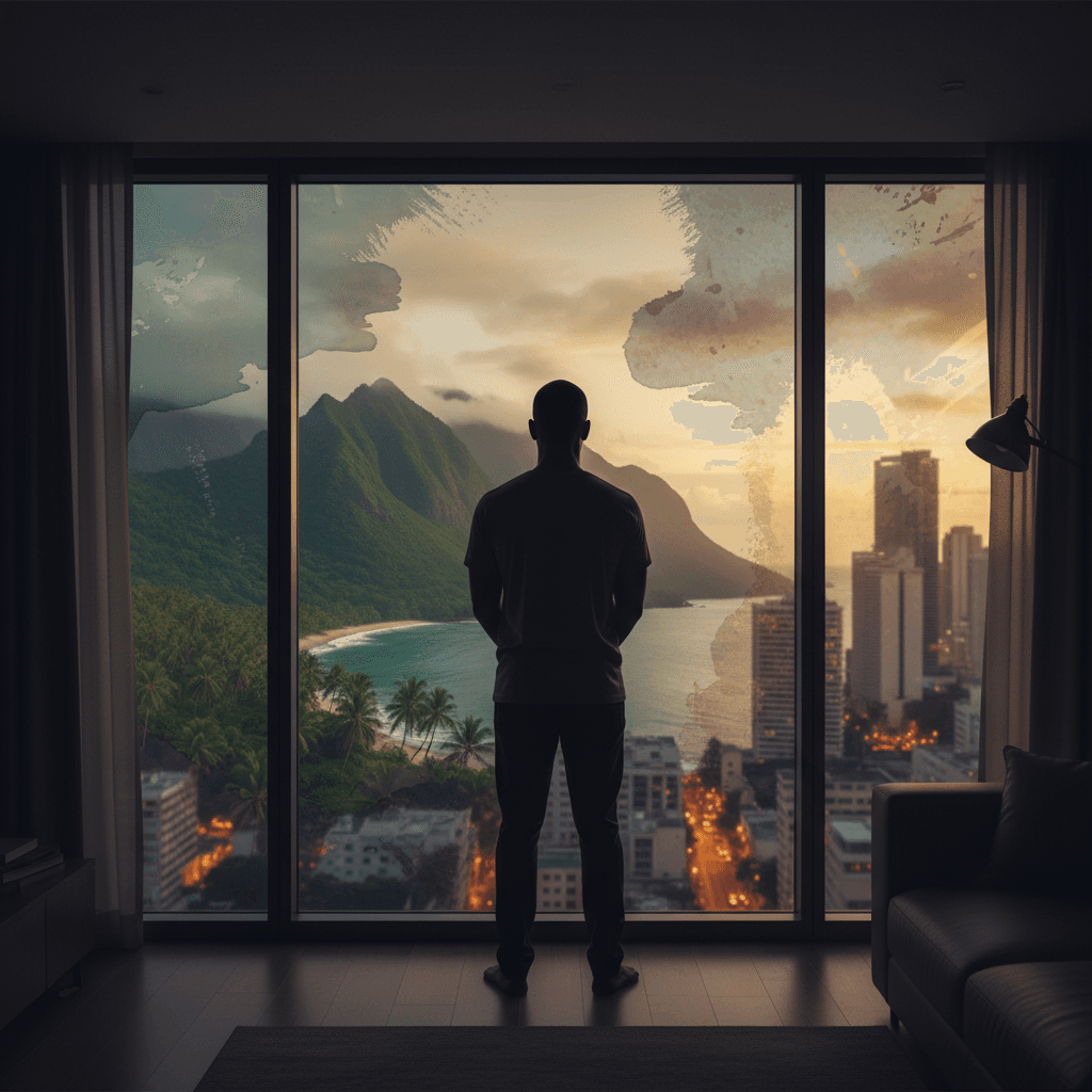 Caribbean person looking out at a reflection of tropical Dominica from abroad