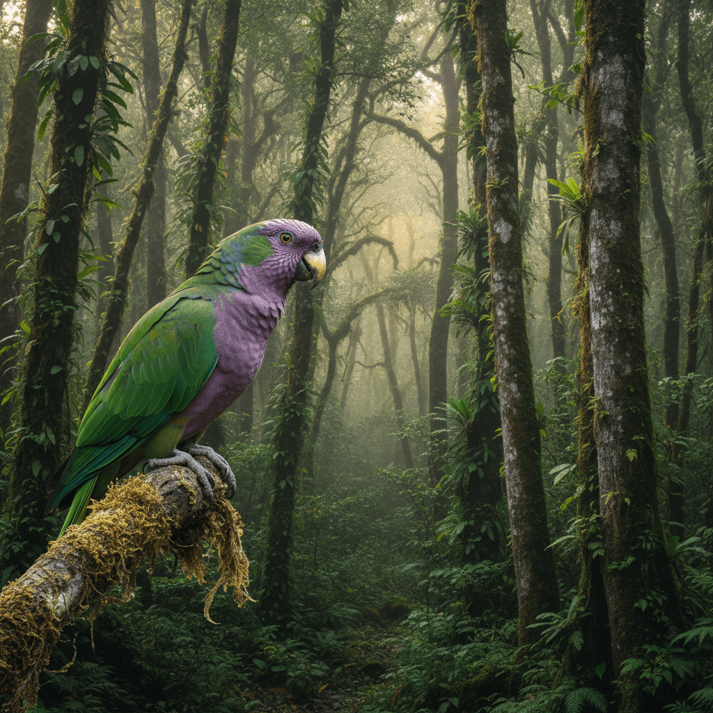 Majestic Sisserou parrot with purple and green plumage perched in the Northern Forest Reserve