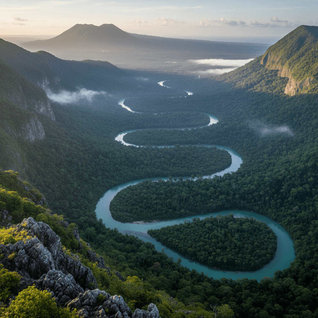 Aerial view of pristine river system winding through dense tropical rainforest in Dominica