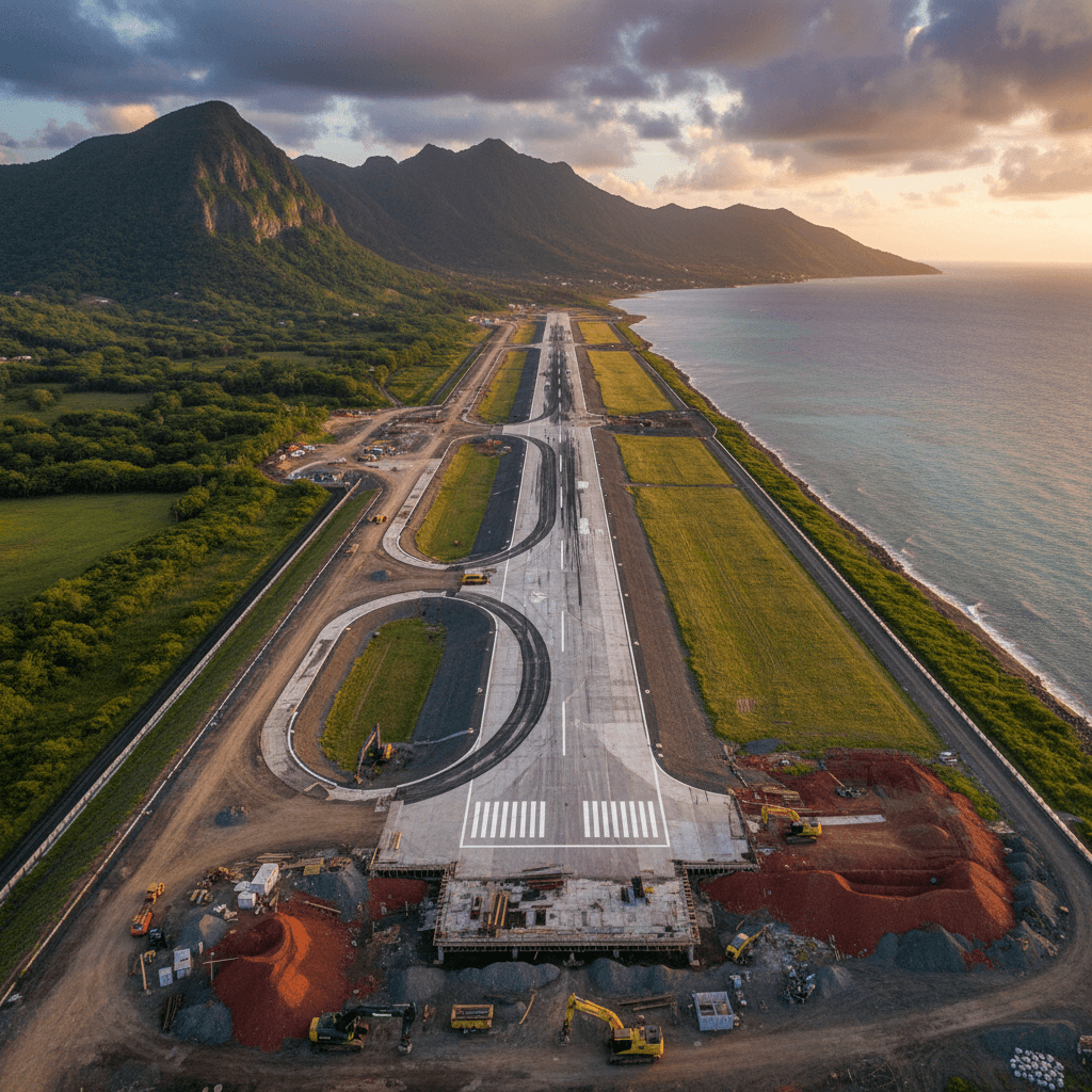Airport runway under construction on a Caribbean island with lush green mountains