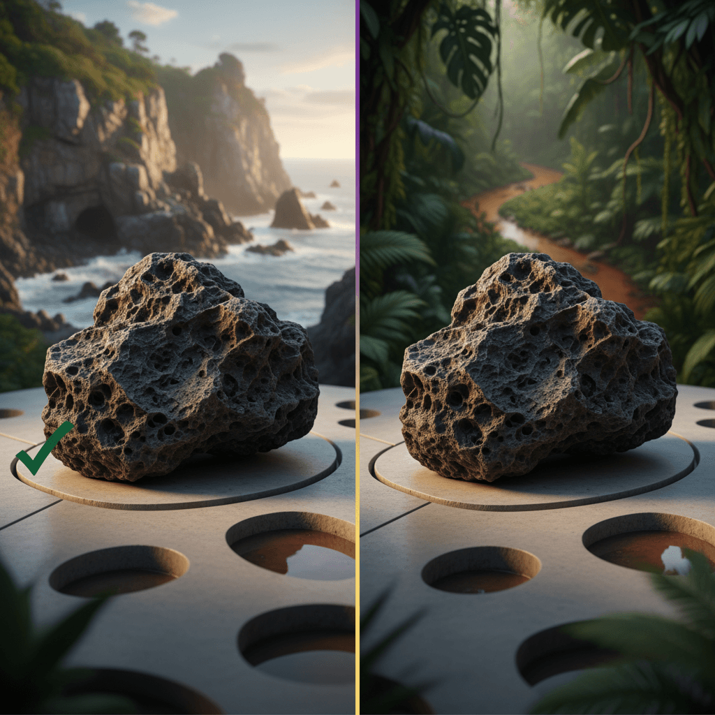 Split view comparing identical basalt rock from coastal cliffs versus tropical rainforest settings